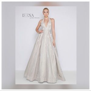 IEENA for Mac Duggal Shimmering Halter Neck Ballgown In White Ice